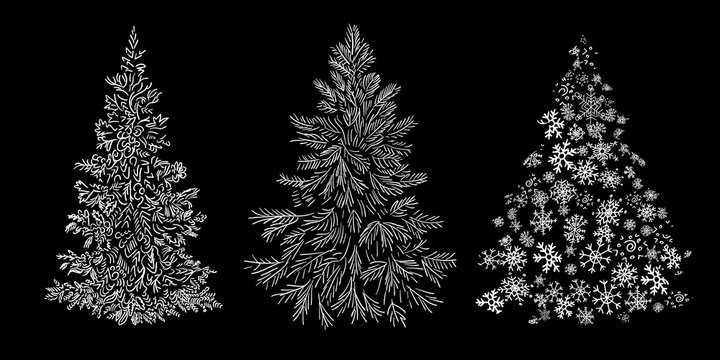 set of christmas tree graphic art with line doodle hand drawn vector illustration isolated on black