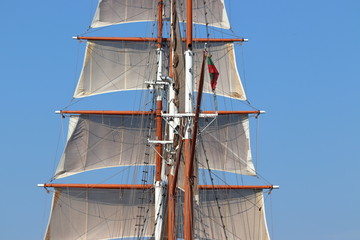 Sail ship in city with mast in Klaipeda in Lithuania. Travelling with cruise ship in summer on...