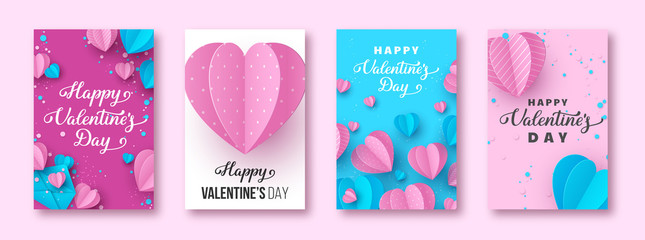 Happy Valentines day handwritten lettering text. Typography poster design decorated paper cut pink and blue hearts with envelope on white background. Vector illustration.