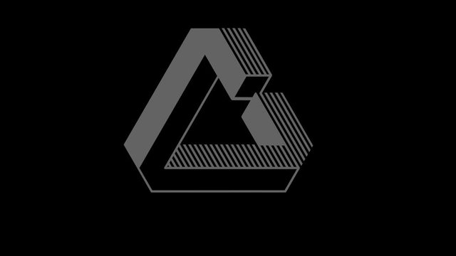 Object in the shape of a triangle in 3D in black and white with a stroboscopic and hypnotic effect, which rotate clockwise, decreasing the size from all screen to disappearing in the center.
