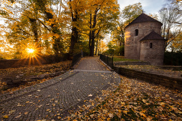 Saint Nicholas Rotunda chapel in Cieszyn, Silesia, Poland during colorful fall - obrazy, fototapety, plakaty