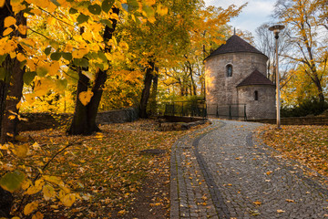 Saint Nicholas Rotunda chapel in Cieszyn, Silesia, Poland during colorful fall