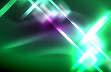 Neon square and line lights on dark background with blurred effects