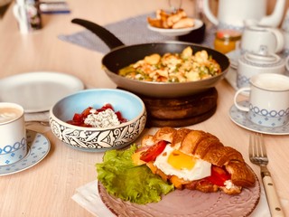 breakfast on the table. Croissant.