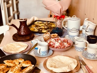 breakfast with croissants and coffee