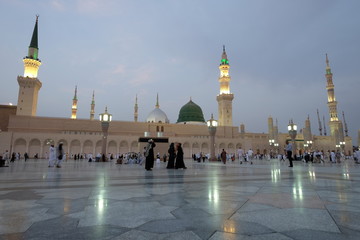 Muslim pilgrims visiting the beautiful Nabawi Mosque, The view of the retractable roof An Nabawi...