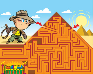 In the vector illustration, a maze puzzle where the boy needs to get to the tomb of the pharaoh