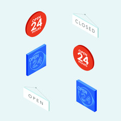 Vector isometric set with store hours  signboard