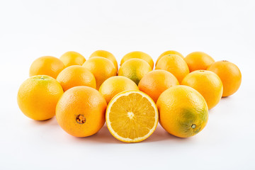Fresh Nangan Navel Orange and pulp slices on white background