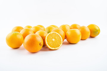 Fresh Nangan Navel Orange and pulp slices on white background