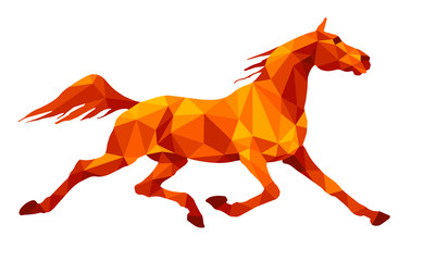  running horse, Trotter, colored, amethyst  isolated image on white background in low poly style  