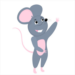 Gray cartoon mouse smiles and waves. Rat is a symbol of Chinese New Year 2020.