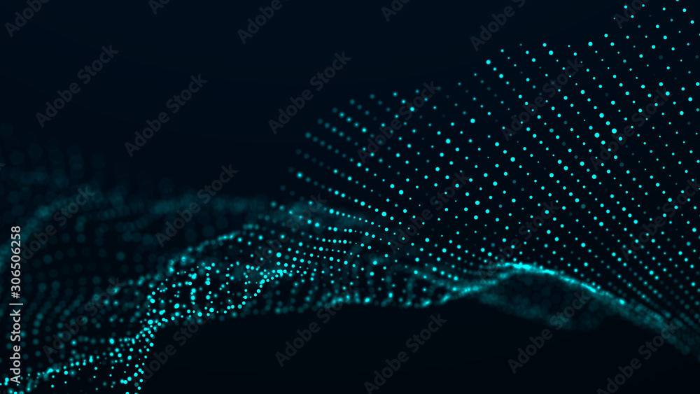 Poster Digital technology background. Dynamic wave of glowing particles. Abstract background. 3d rendering.