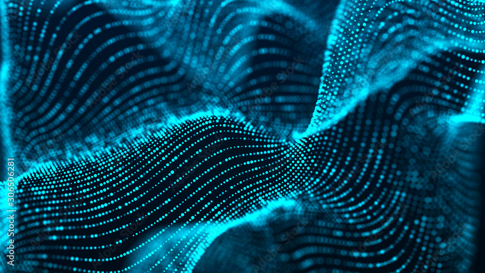 Poster Digital technology background. Dynamic wave of glowing particles. Abstract background. 3d rendering.