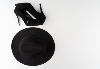 Female fashion accessories on white background, view from above