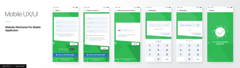 Design of a Mobile Application and Site, UI. Set of GUI Screens with Login and Password input, Phone number Verification. Vector Mockup