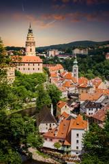 Obraz premium Beautiful view to Cesky Krumlov on a sunset, Czech republic.