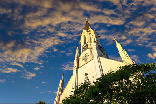 City parish church in Melk city center on a sunset. Lower Austria, Wachau Valley.