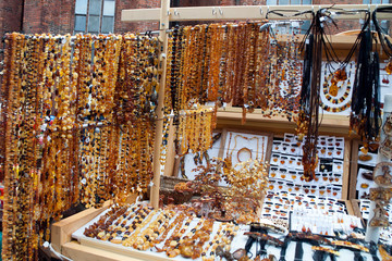 Riga Latvia, market stall selling amber jewelry