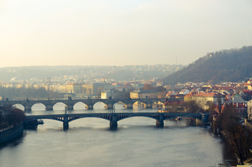 Beautiful morning view of Manesov and Charles Bridge and Vltava River, Prague, Czech Republic