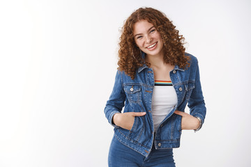 Easy-going charming friendly young teenage girl redhead with freckles pimples wear denim jacket...