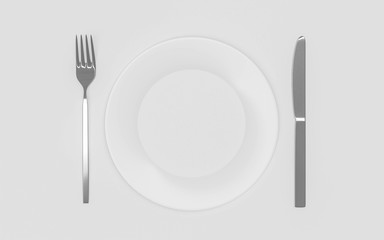 Empty plate, fork and knife - isolated over white 3d render illustration