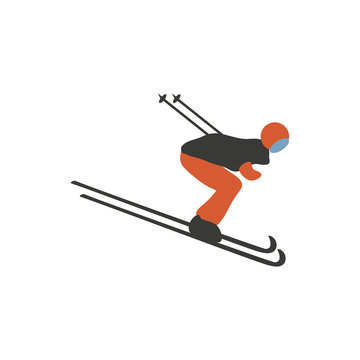 Cartoon skier isolated on white background, Mountain skiing colorful sportsman character, Young man on skis vector illustration flat style, decorative icon for design winter greeting cards, logo