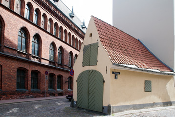 Fototapeta na wymiar Riga Latvia, old stable building that has been converted into a garage 