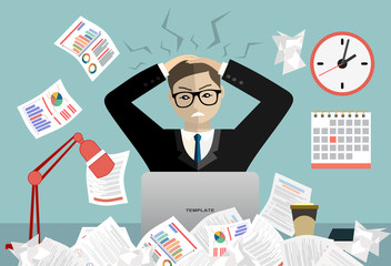 Stress at work concept flat illustration. Stressed out men in suit with glasses, in office at the desk. Modern design for web banners, web sites, printed materials, infographics. Flat vector.