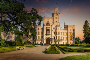 Beautiful sunset over Hluboka nad Vltavou chateau, Czech Republic.