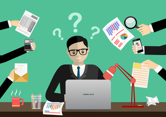 Person at work multitasking, stress in office.