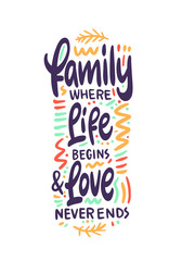 Family where life begins and love never ends. Hand drawn family inspirational quote isolated on white background. Vector typography for home decor, posters, prints, pillows