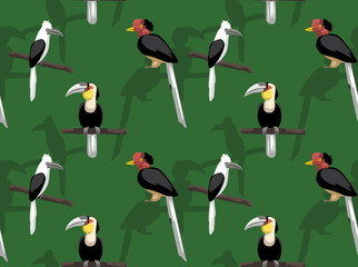 Wreathed Hornbill Bird Cartoon Seamless Background Wallpaper-01 © bullet_chained