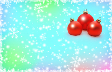 background with three red christmas balls and snow