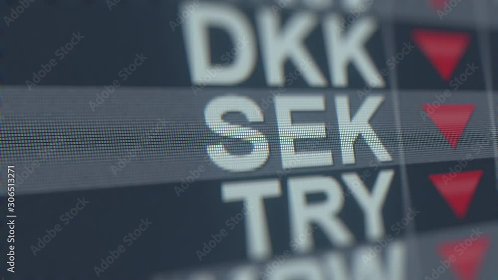 Poster decreasing swedish krona exchange rate indicator on computer screen. sek forex ticker loopable 3d an