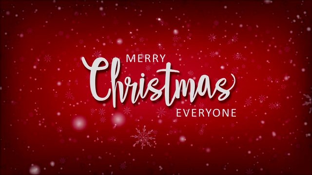 Merry Christmas animation with falling snow and sparkles on bright red background