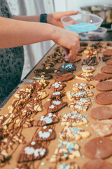 In der Weihnachtsbäckerei werden Plätzchen werden Bunt dekoriert (Moody)
