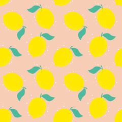 Summer background with lemons. Pink seamless background with citruses and dots.