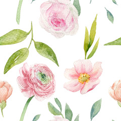 Floral seamless pattern with pink peonies, ranunculus, and green leaves. Village motive. Gentle watercolor background.