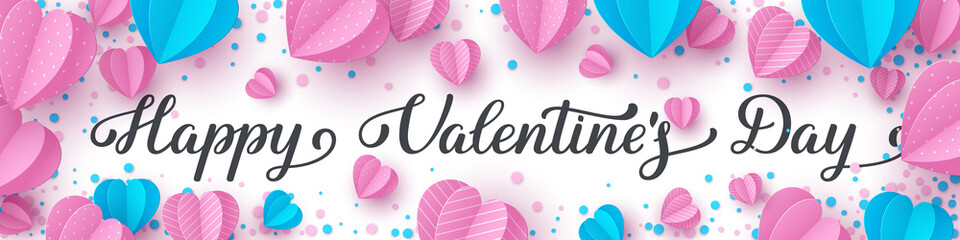 Happy Valentines day handwritten lettering text. Horizontal banner decorated paper cut pink and blue hearts with envelope on white background. Vector illustration.