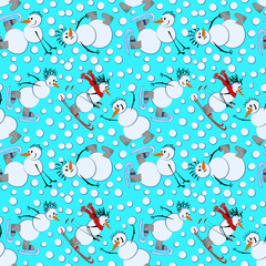 Seamless texture, pattern - Snowmen and winter fun - ice skates, skis and snowballs, it is snowing