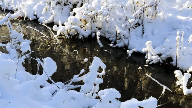 Gorgeous view of winter nature landscape.. Stream in winter forest. Beautiful nature landscape. Trees reflection on water. Winter time in Sweden.