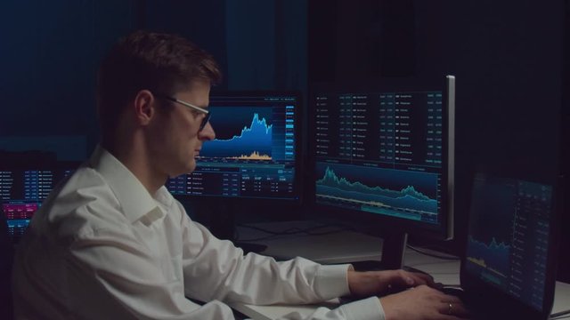 Trader working in office at night using workstation and analysis technology. Stock markets, crypto currency, global business, financial trading and banking.