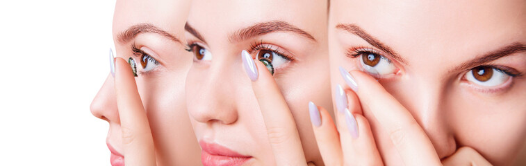 Collage of closeup view on young woman wearing contact lenses.