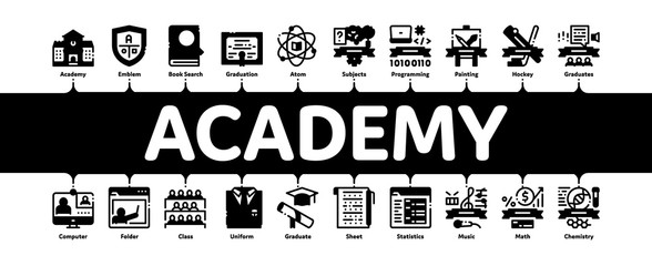 Academy Educational Minimal Infographic Web Banner Vector. Academy Building And Uniform, Book And Paper With Pen, Financial And Music Lessons Illustrations