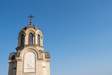 Chapel of the New Martyrs and Confessors of Russia in Yalta against a blue sky.