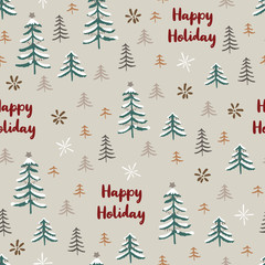 Seamless pattern with winter forest in colourful pastel backdrop winter landscape, mountains, forest and snow with lettering happy holiday. Surface design for wintery holiday.