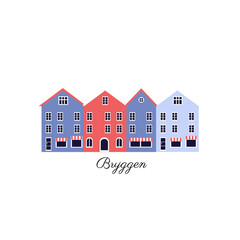 Fototapeta premium Norwegian travel cartoon vector, Norway landmark Bryggen Bergen isolated on white background, Scandinavian decorative cityscape flat style, urban landscape for holiday design european building icon