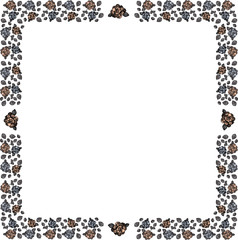 A square frame of blue and gentle pink roses on a white background. 