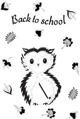 Back to school. Owl with a textbook under the wing and autumn leaves. Black and white. Vector.